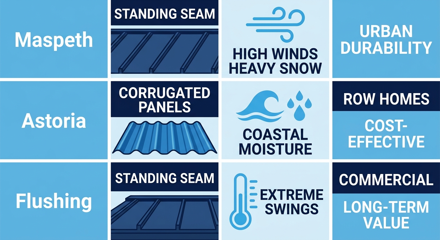 Infographic grid comparing recommended metal roof types for Maspeth, Astoria, and Flushing neighborhoods, including weather suitability icons and key factors.
