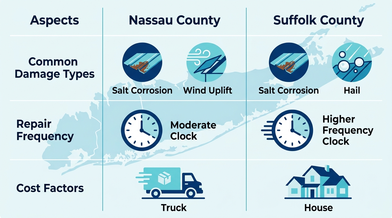 Infographic comparing metal roof repair aspects including damage types, frequency, and costs between Nassau and Suffolk Counties.