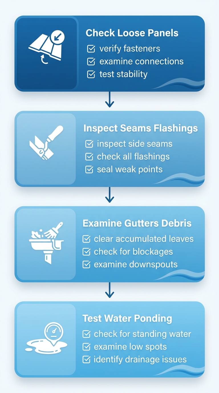Vertical process flow illustrating four essential metal roof inspection steps for Long Island properties: check loose panels, inspect seams and flashings, examine gutters, test water ponding.