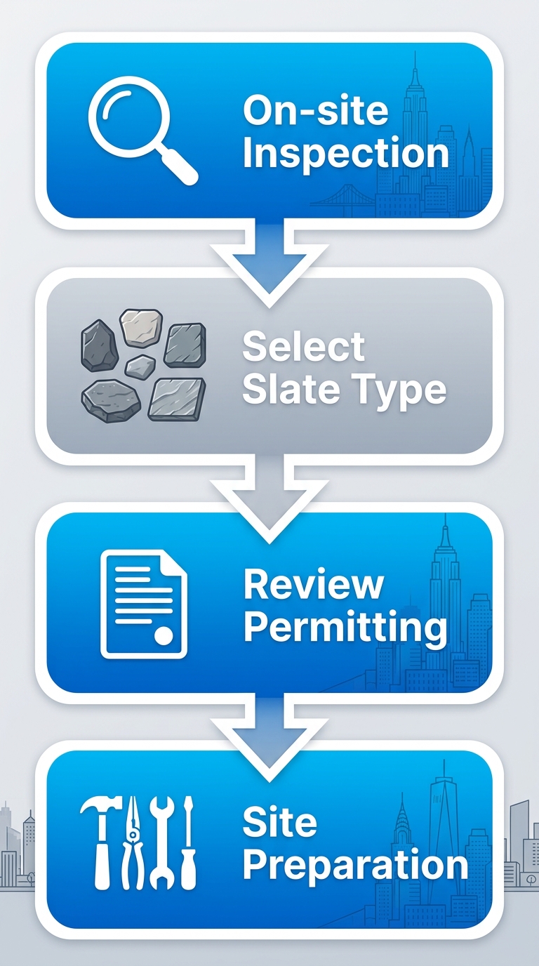Vertical process flow diagram showing four stages for starting slate roofing projects in Queens: on-site inspection, slate selection, permitting review, and site preparation.
