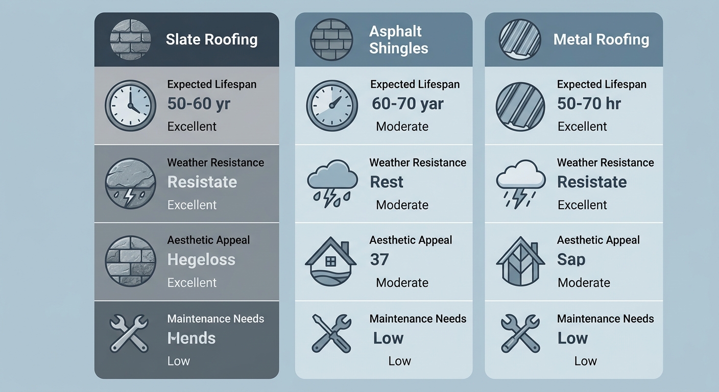 Infographic comparing slate, asphalt shingles, and metal roofing materials for Queens homes, highlighting features like lifespan, weather resistance, aesthetic appeal, and maintenance with icons and qualitative ratings.