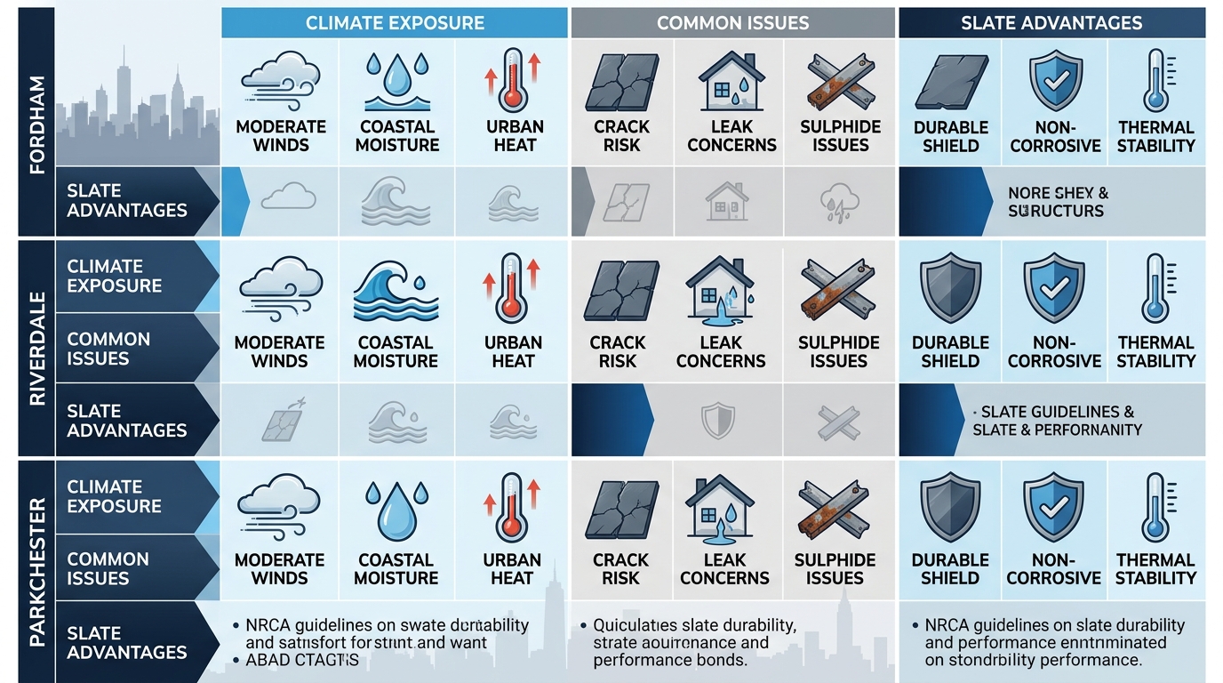 Infographic table comparing slate roofing suitability in Bronx neighborhoods Fordham, Riverdale, Parkchester with climate, issues, and advantages icons
