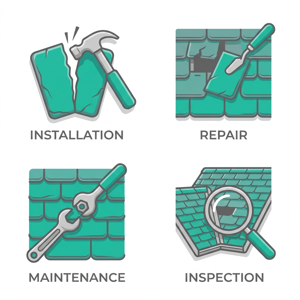 2x2 grid of flat outline icons for slate roofing services: installation (hammer and tile), repair (patch tool), maintenance (wrench), inspection (magnifying glass on roof)