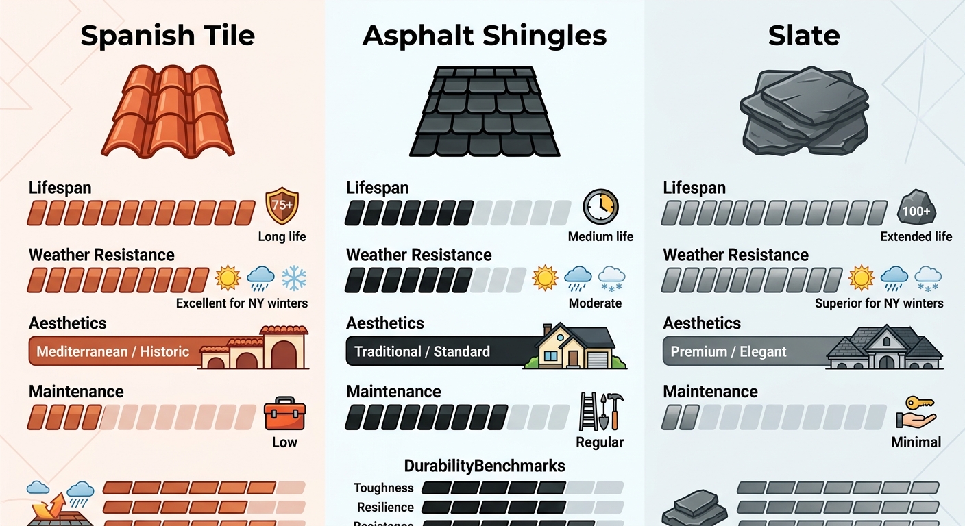 Infographic comparing Spanish Tile, Asphalt Shingles, and Slate roofing by lifespan, weather resistance, aesthetics, and maintenance for Brooklyn
