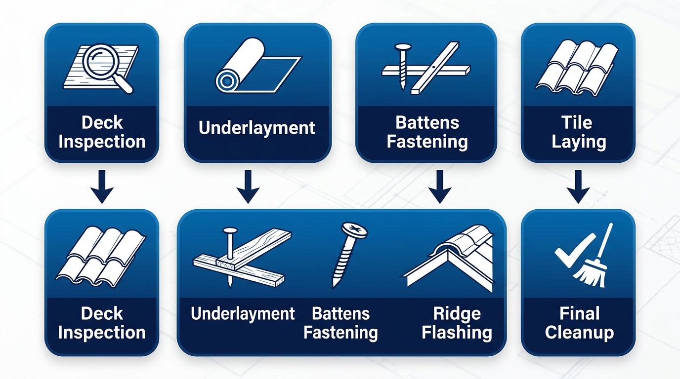 Vertical process flow diagram of 6 steps for Spanish tile roof installation: deck inspection, underlayment, battens, tile laying, ridge flashing, cleanup with icons and arrows.