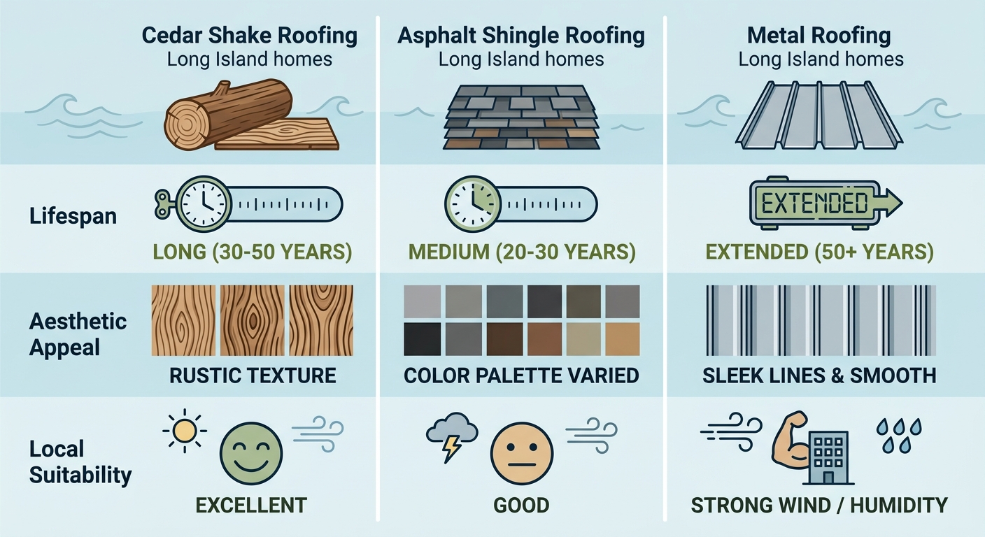 Infographic comparing Cedar Shake, Asphalt Shingles, and Metal Roofing for Long Island homes: lifespan, aesthetic appeal, local suitability with icons emphasizing cedar balance.