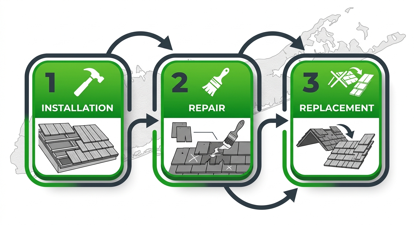 Horizontal process flow diagram of cedar shake roof services: installation, repair, and replacement stages with icons and arrows.