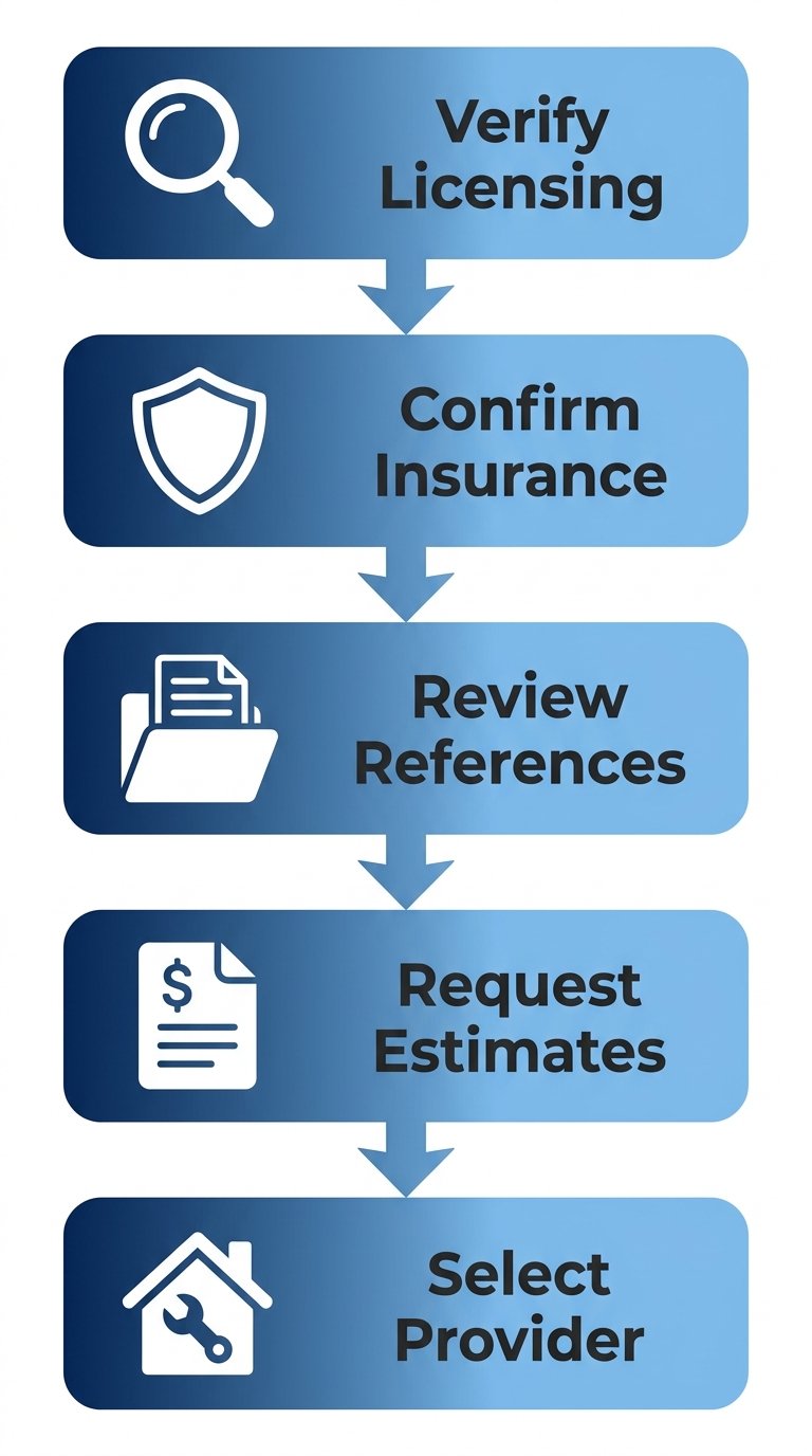 Vertical process flow diagram illustrating 5 steps to hire a waterproofing contractor: verify licensing, confirm insurance, review references, request estimates, select provider.