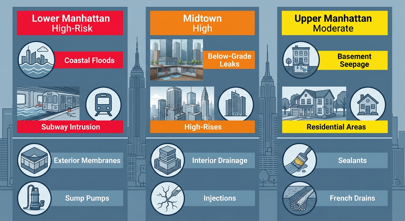 Infographic comparing waterproofing risks and solutions in Lower Manhattan, Midtown, and Upper Manhattan with color-coded bars, icons, and NYC skyline background.