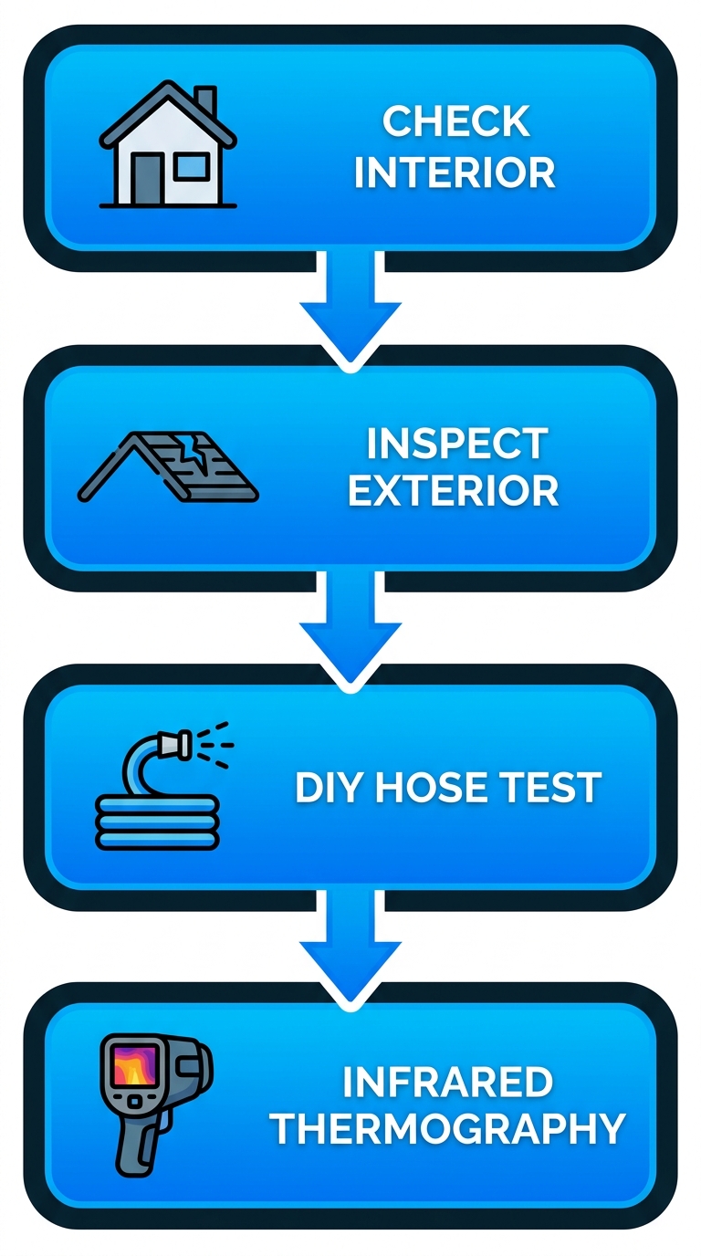 Vertical process flow diagram illustrating four stages of roof leak detection: interior check, exterior inspection, DIY hose test, and infrared thermography with relevant icons.