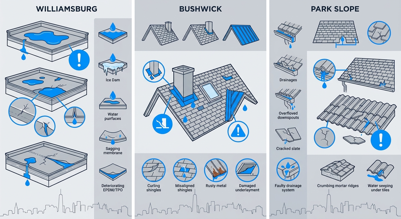 Infographic comparing common roof leak causes in Brooklyn neighborhoods Williamsburg Bushwick Park Slope