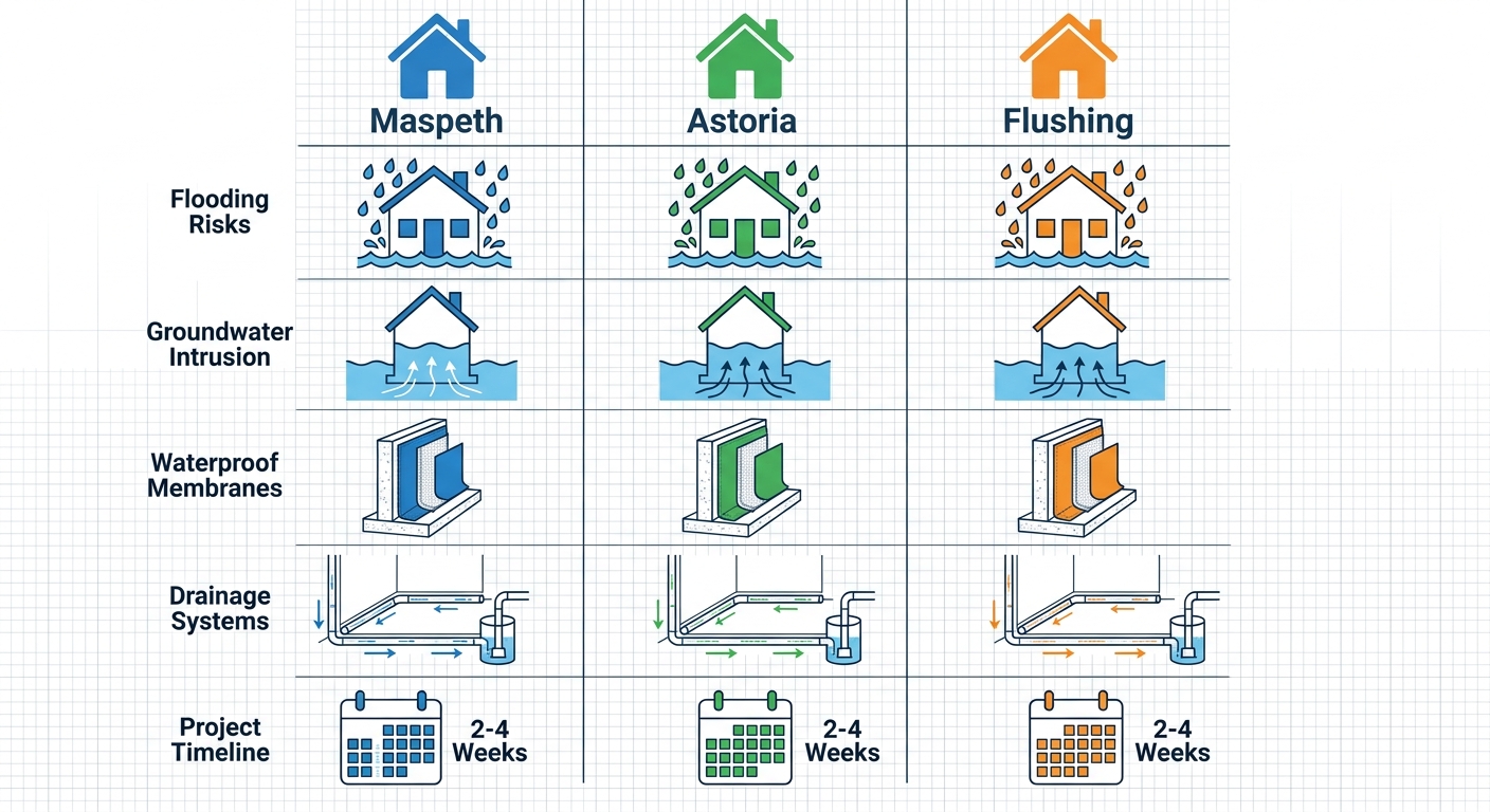 Infographic depicting waterproofing challenges, solutions, and timelines for Maspeth, Astoria, and Flushing neighborhoods in Queens