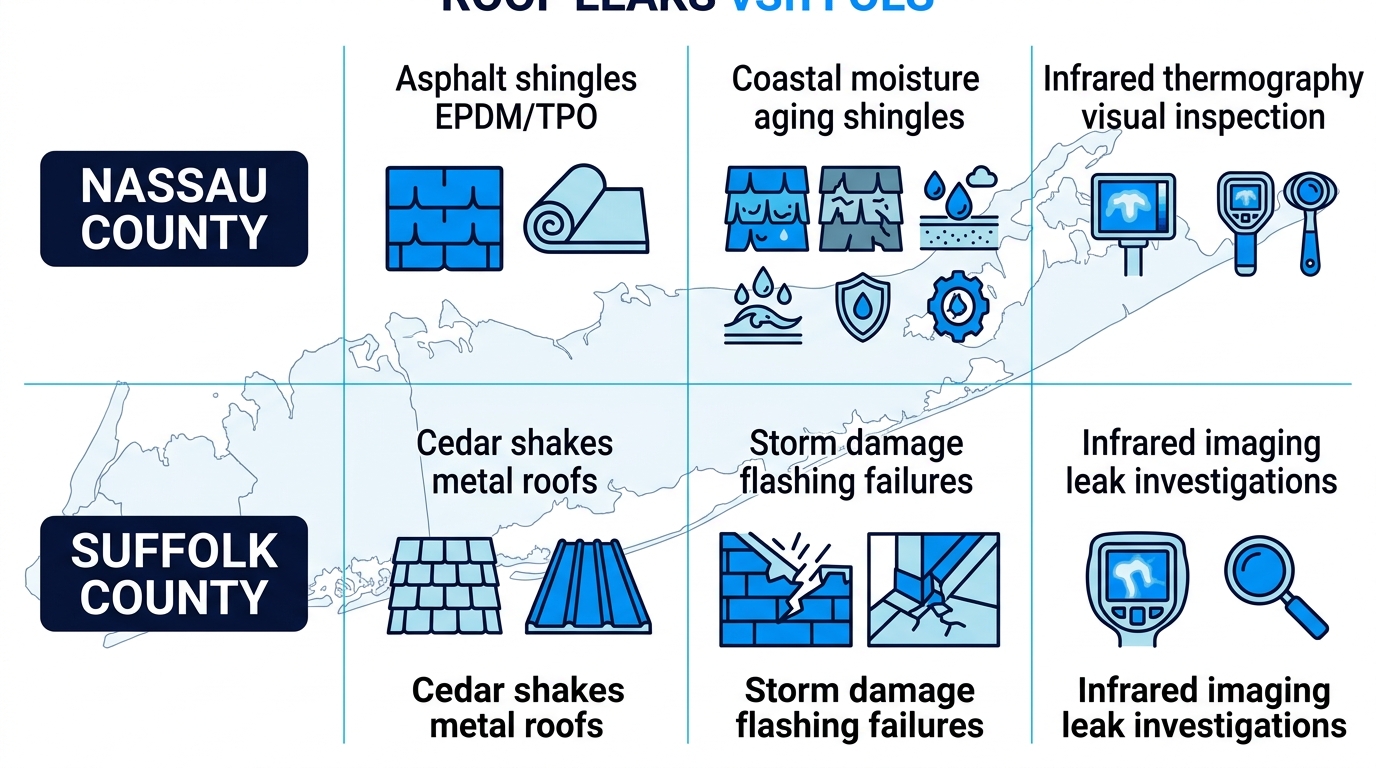 Infographic comparing prevalent roof types, leak sources, and detection methods in Nassau and Suffolk Counties