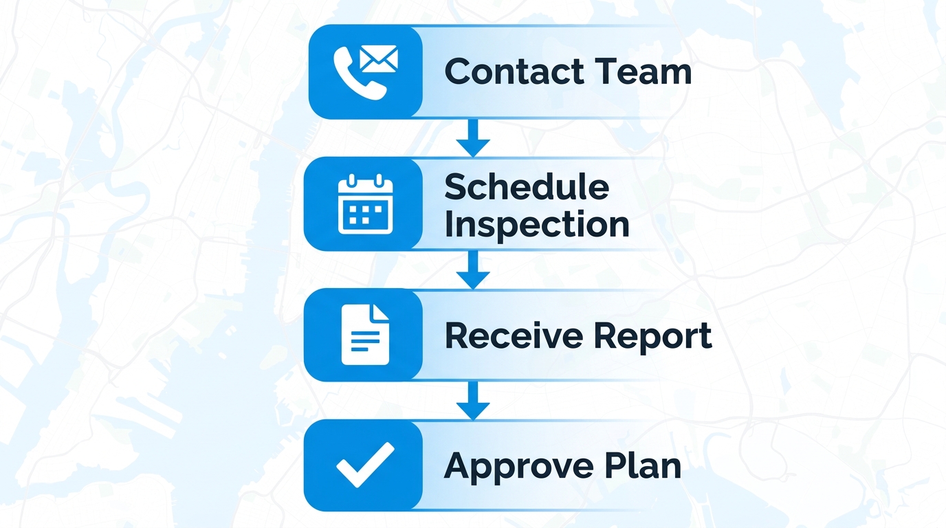 Vertical process flow diagram of four steps to initiate professional roof leak detection: contact team, schedule inspection, receive findings report, approve plan.