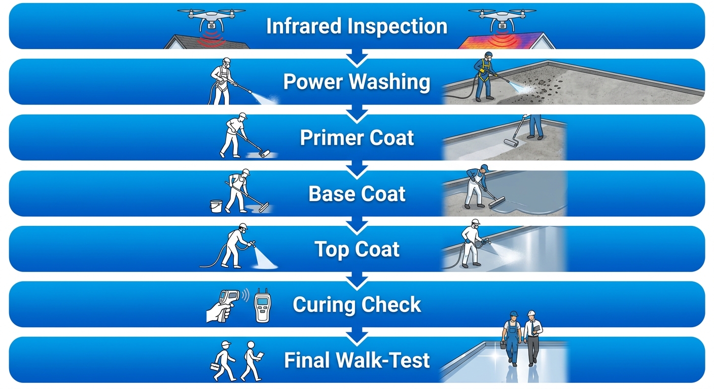 Vertical process flow diagram illustrating seven steps for waterproof roof coating application in Staten Island