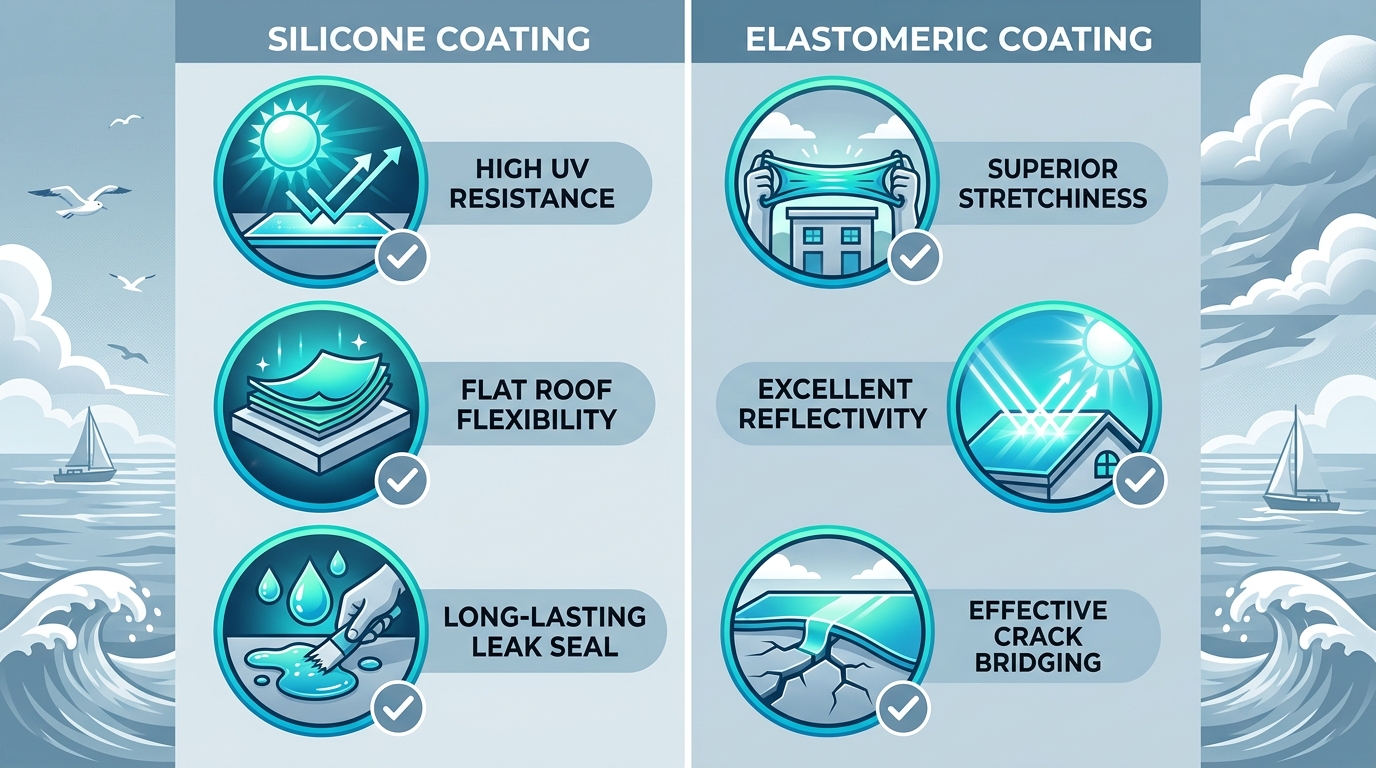 Infographic comparing silicone and elastomeric waterproof roof coatings features for Staten Island properties with icons and checkmarks