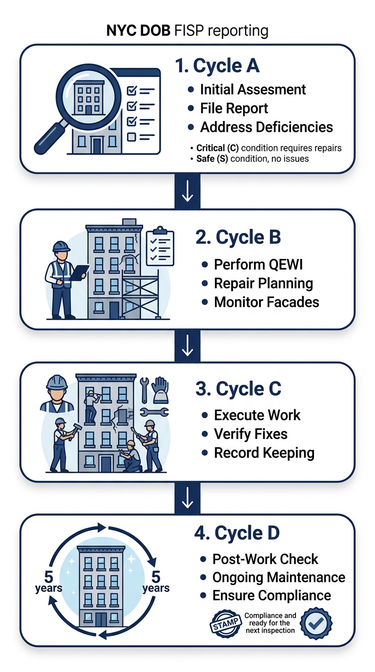 Vertical timeline illustrating Local Law 11 FISP inspection cycles A through D for Queens buildings, with icons, condition notes, and five-year intervals.