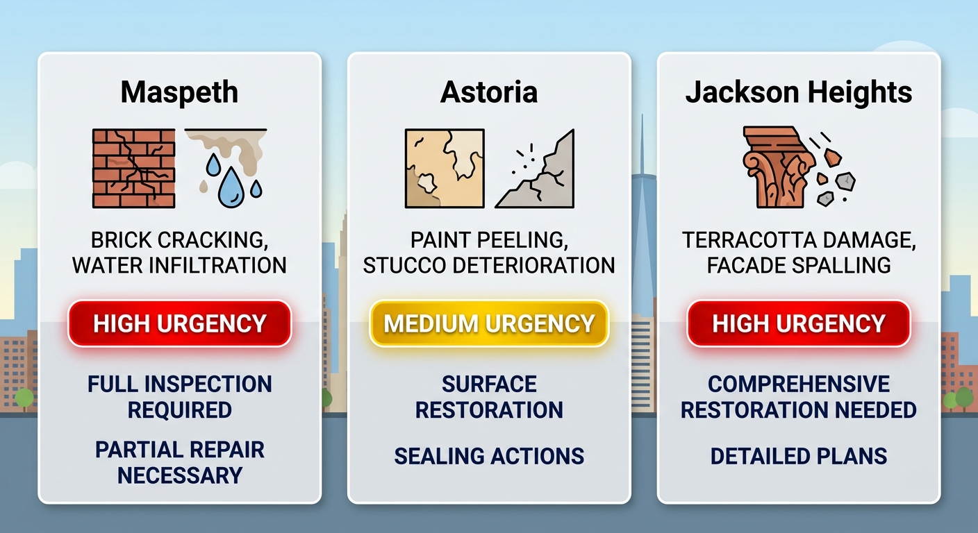 Infographic comparing facade issues urgency and repairs in Maspeth Astoria Jackson Heights Queens neighborhoods