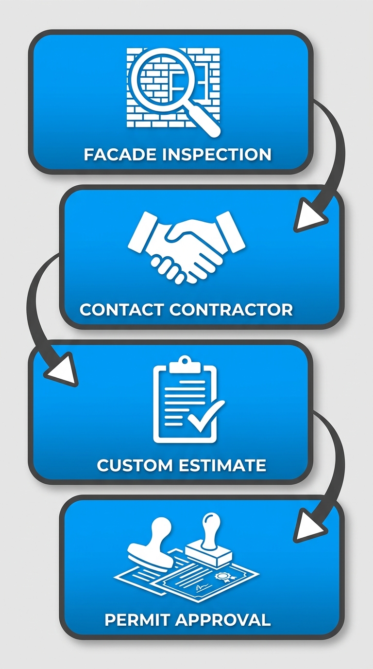Vertical process flow diagram illustrating four steps to start facade repair in Brooklyn: inspection, contact contractor, custom estimate, and permit approval.