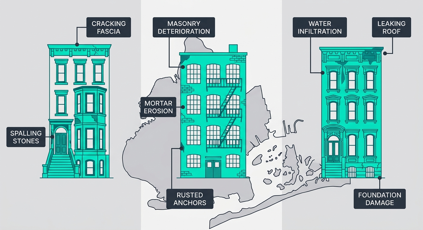 Infographic of Brooklyn neighborhoods facade issues: Brooklyn Heights cracking spalling, Williamsburg masonry deterioration, Park Slope water infiltration.