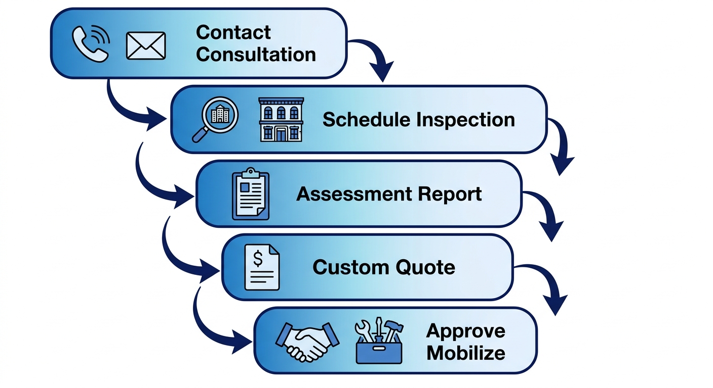 Vertical process flow chart with 5 steps for starting Manhattan masonry restoration: contact, inspection, assessment, quote, and approval.