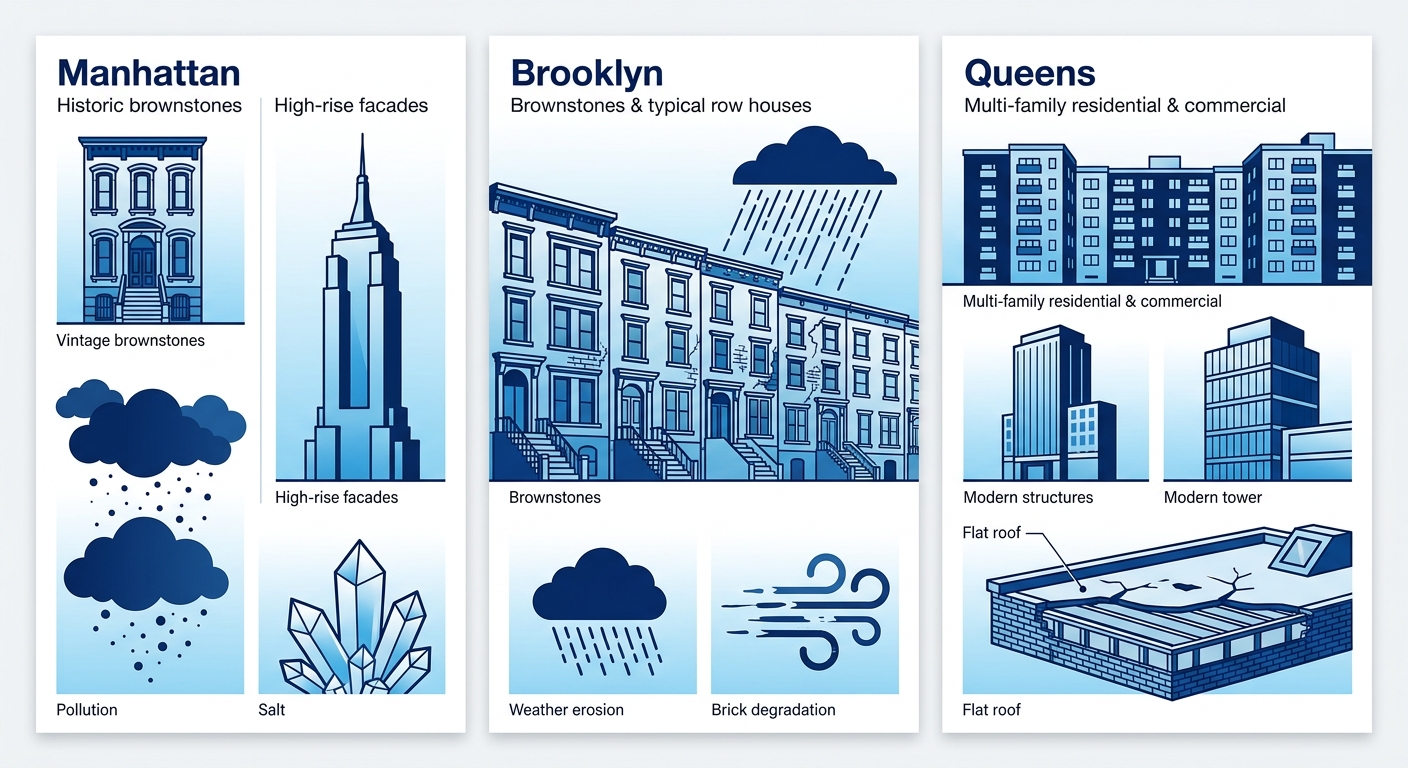 Infographic comparing masonry challenges in Manhattan, Brooklyn, and Queens with icons for pollution, erosion, and urban structures.