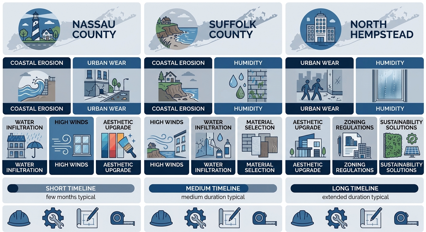 Infographic depicting facade challenges, restoration factors, and timelines for Nassau, Suffolk, and North Hempstead in Long Island