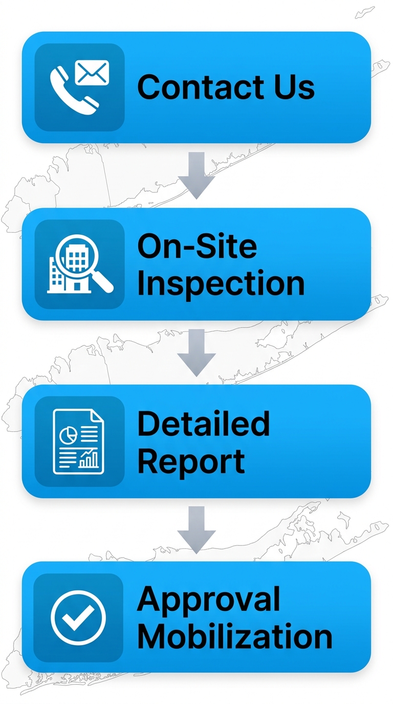 Vertical process flow diagram showing four stages to initiate facade restoration: contact, inspection, report and quote, approval.