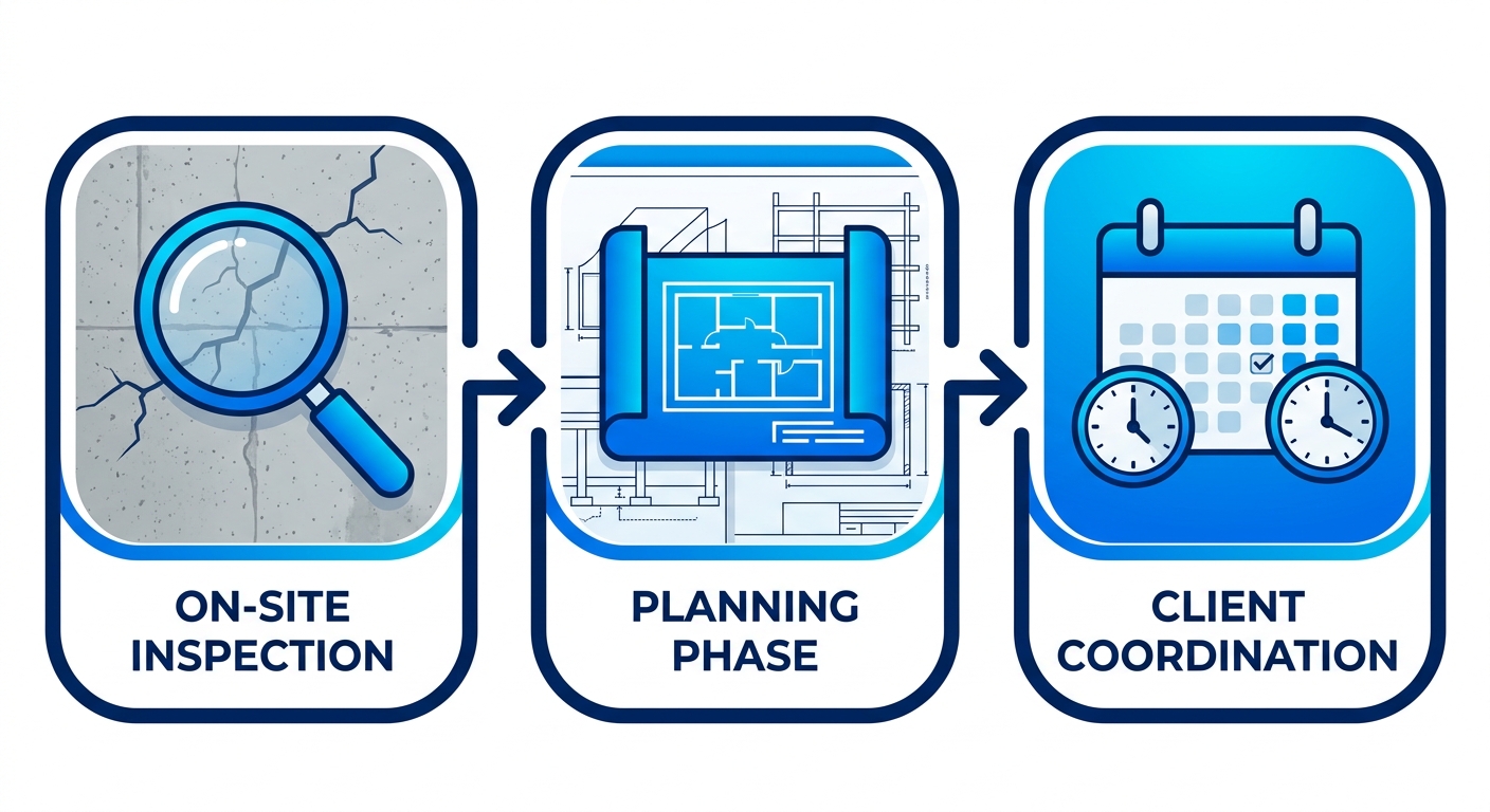 Horizontal process flow diagram with three stages: on-site inspection, planning phase, and client coordination for Bronx waterproofing projects