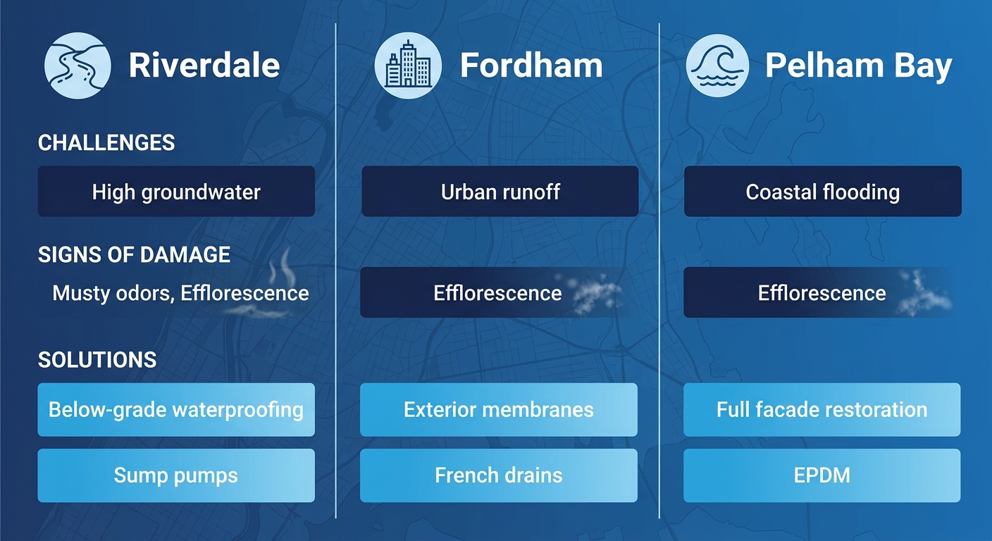 Infographic comparing waterproofing issues and solutions across Bronx neighborhoods: Riverdale, Fordham, Pelham Bay