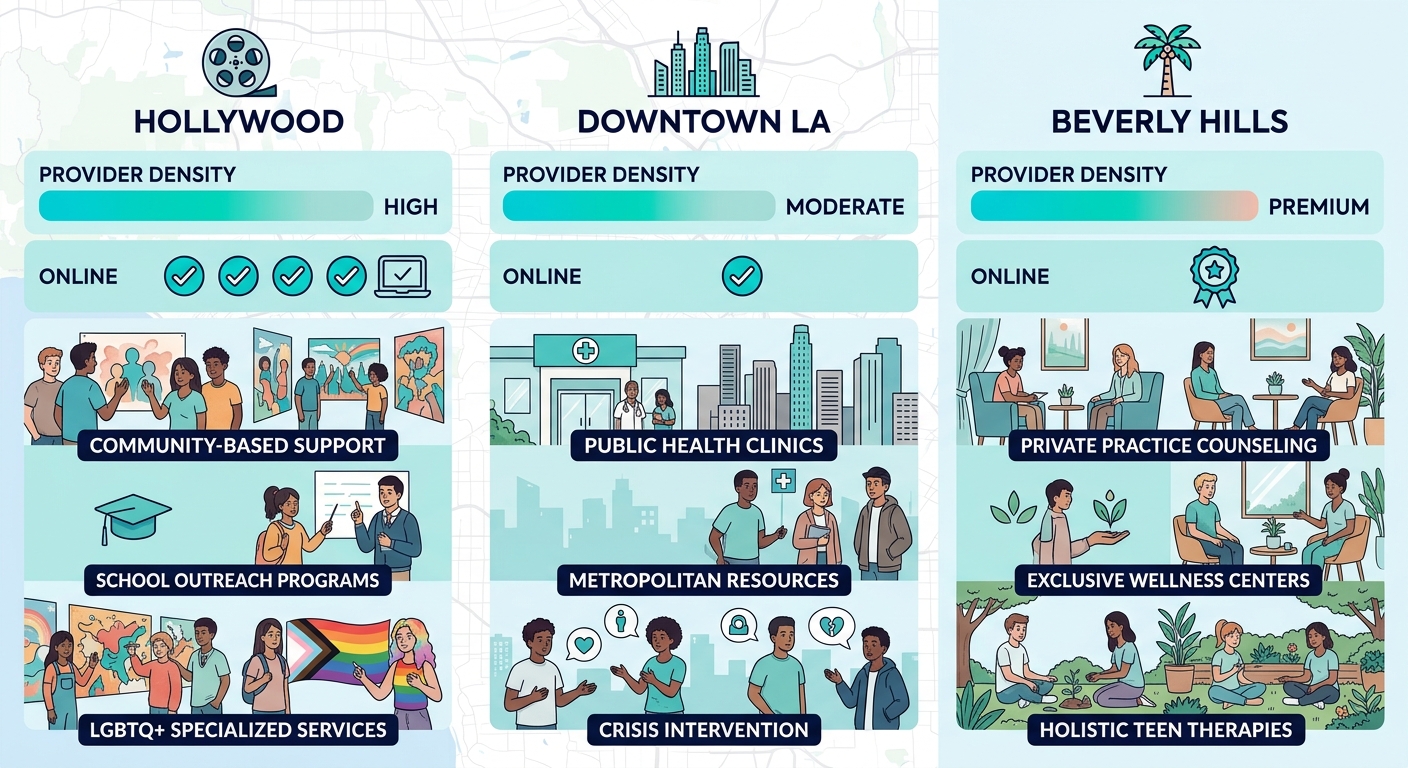 Infographic comparing teen mental health provider density and online availability in Hollywood, Downtown LA, and Beverly Hills neighborhoods.