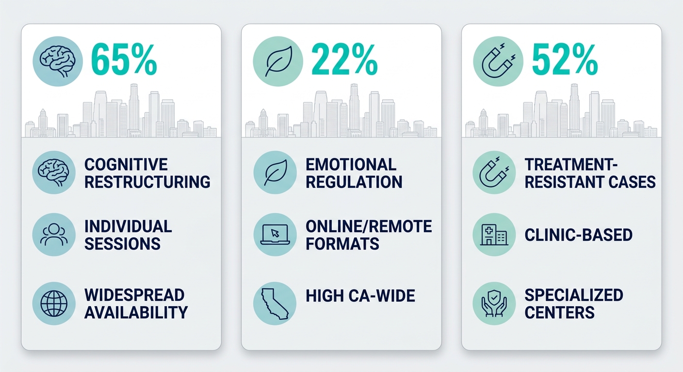Infographic comparing CBT, mindfulness-based, and TMS depression therapies in Los Angeles with icons, focuses, formats, and availability.