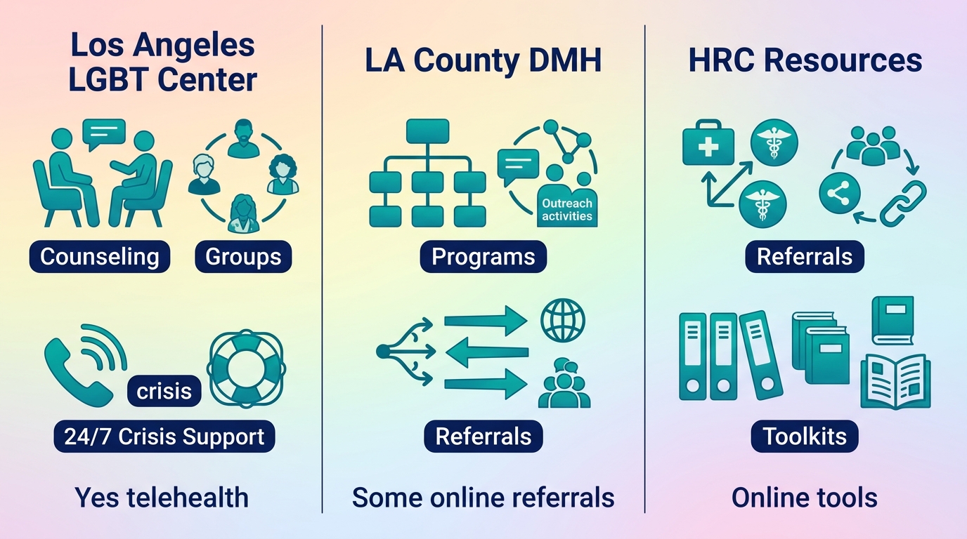 Three-column infographic comparing LGBTQ mental health resources: LA LGBT Center with telehealth, LA County DMH programs, HRC online tools.