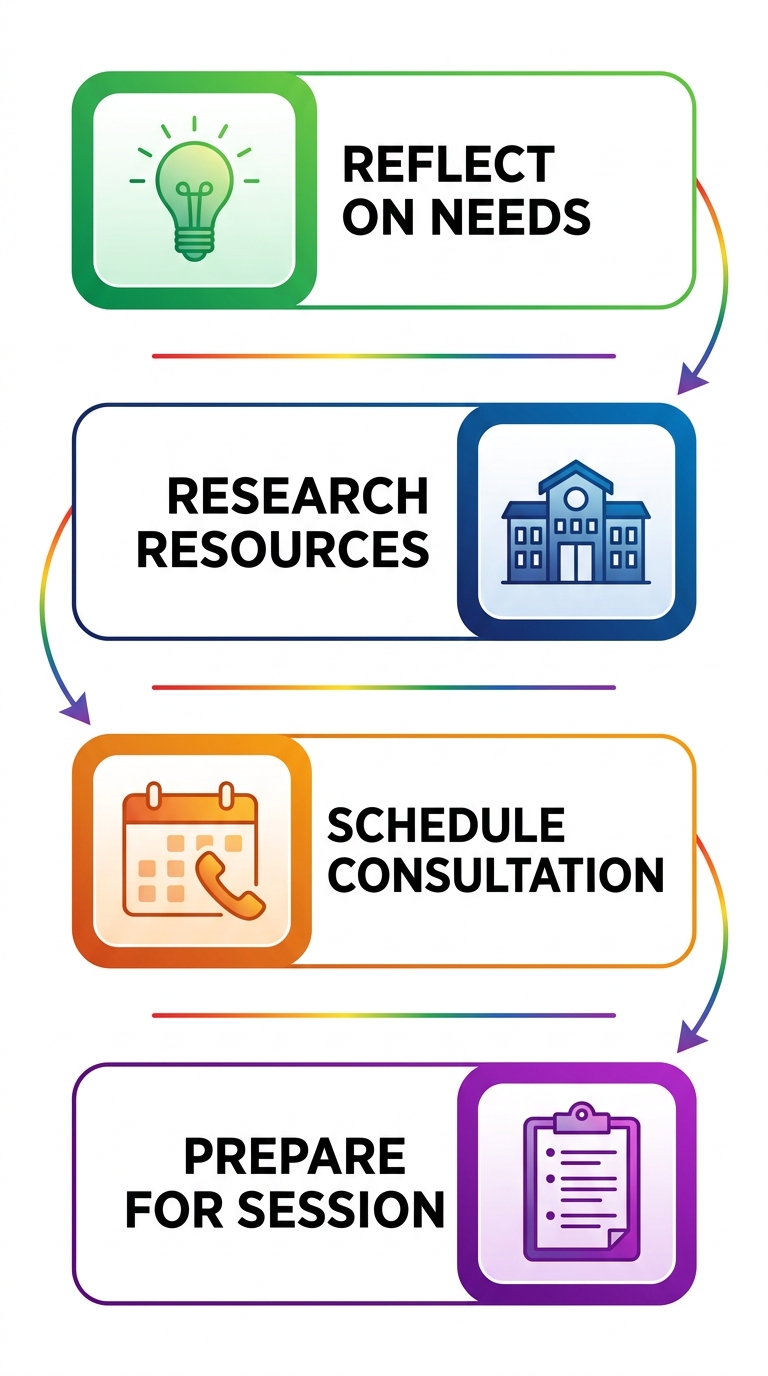 Vertical process flow diagram of four steps to start LGBTQ therapy in Los Angeles: reflect on needs, research resources, schedule consultation, prepare for session
