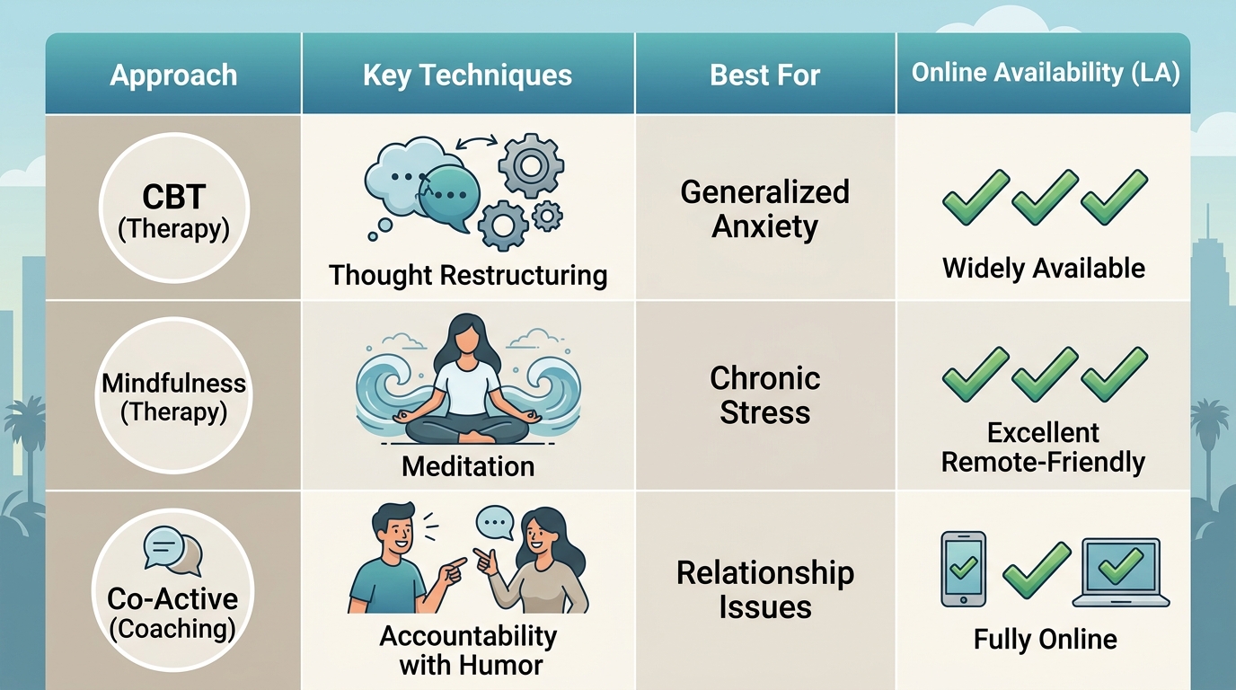Infographic table comparing CBT, mindfulness-based therapy, and co-active coaching approaches for anxiety treatment in Los Angeles, highlighting techniques, suitability, and online availability with checkmarks