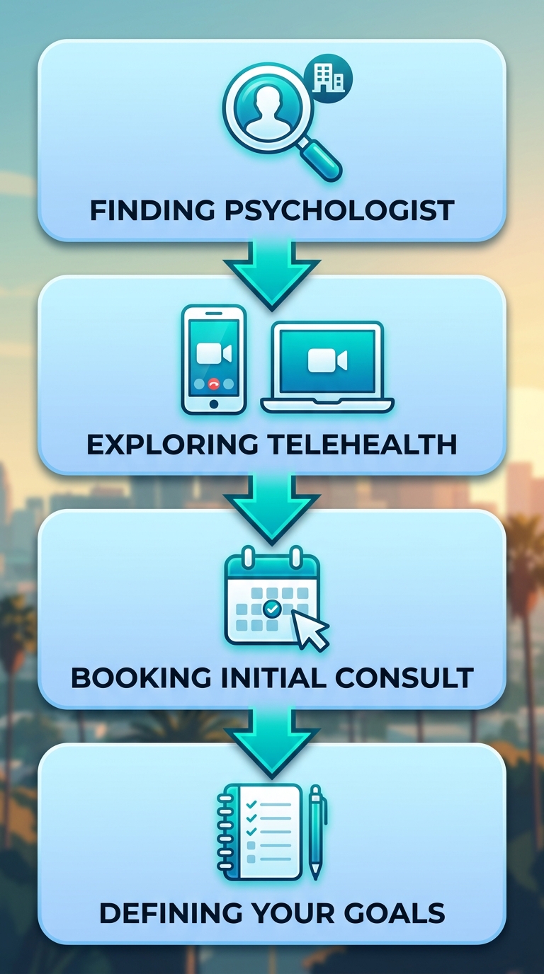 Vertical process flow diagram with four steps for starting anxiety therapy: APA locator, HHS telehealth exploration, scheduling consultation, and preparing symptoms and goals.