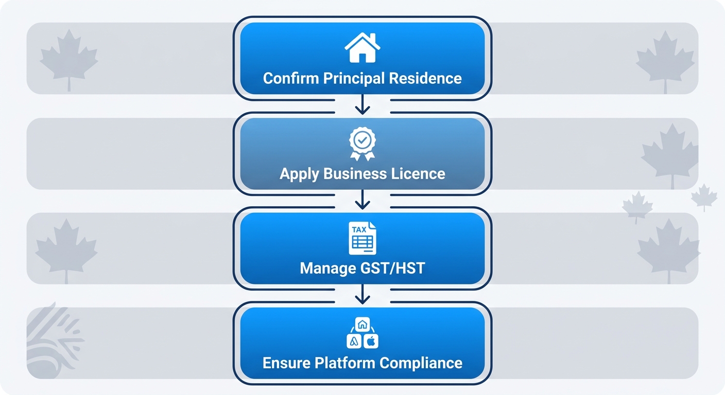 Vertical process flow diagram of key regulatory steps for Vancouver short-term rentals: confirm principal residence, apply for business licence, manage GST/HST collection, ensure platform compliance.