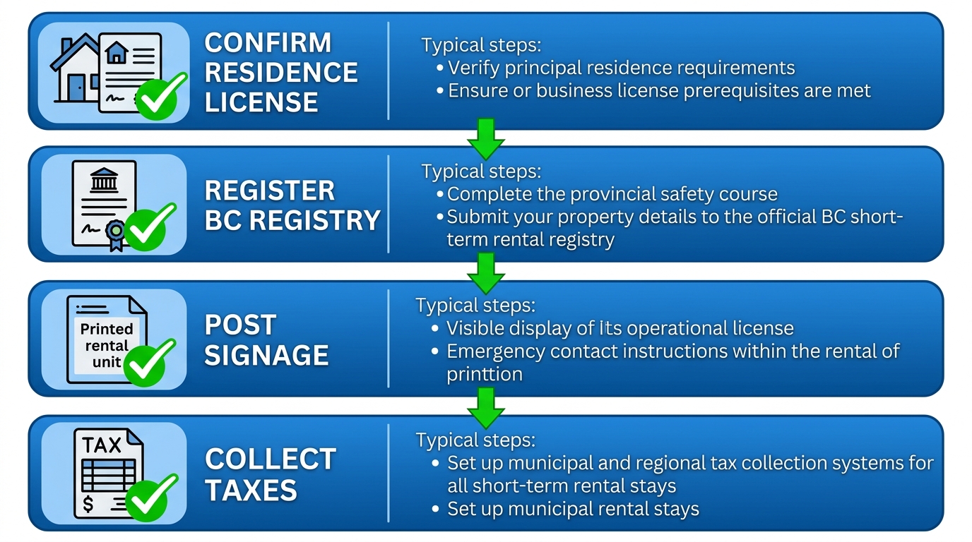 Vertical process flow diagram of four key compliance steps for Vancouver short-term rentals: confirm residence and license, register with BC registry, post signage, collect occupancy taxes, with icons and checkmarks.