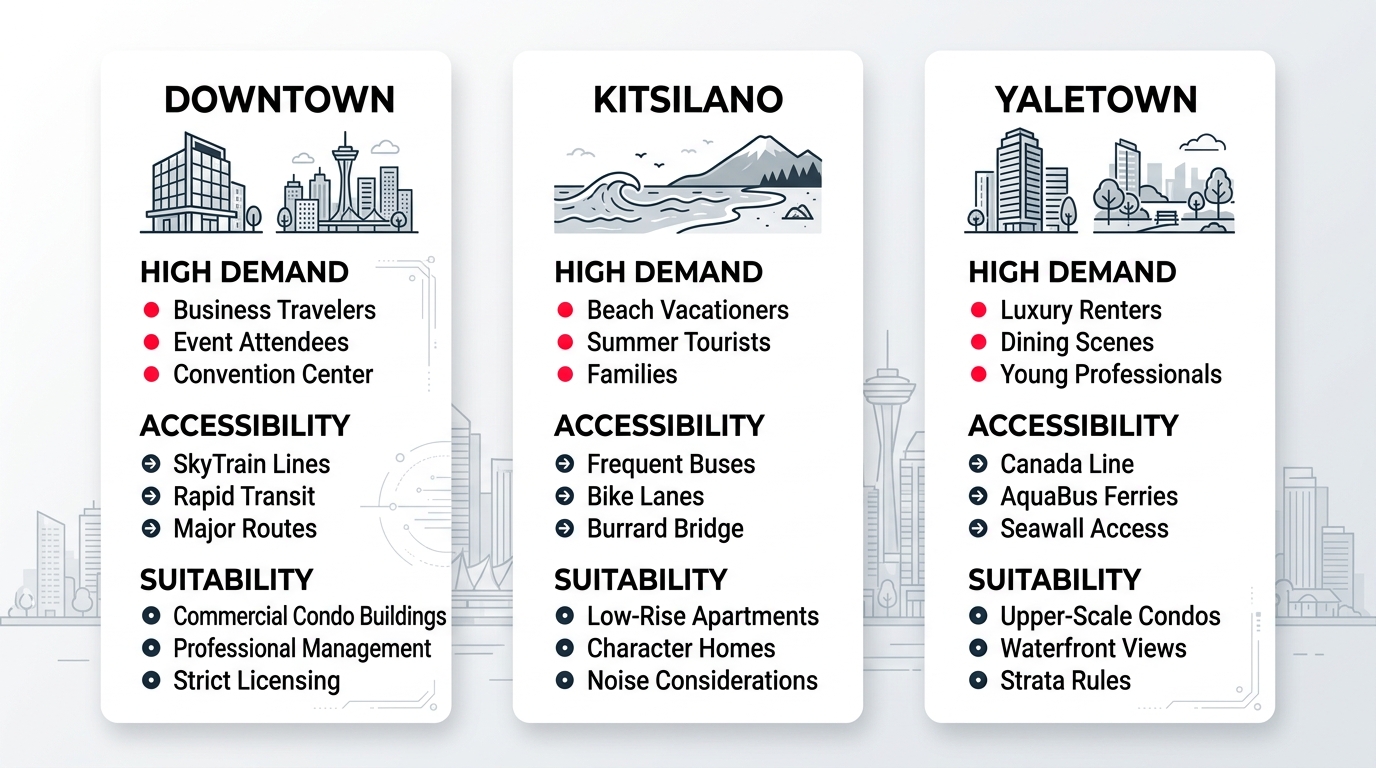 Infographic comparing Downtown, Kitsilano, and Yaletown Vancouver neighborhoods for short-term rentals, highlighting demand drivers, accessibility, and suitability with icons.