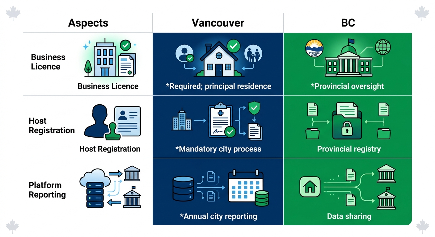 Infographic comparing Vancouver and British Columbia short-term rental regulations in three columns with icons and key details.