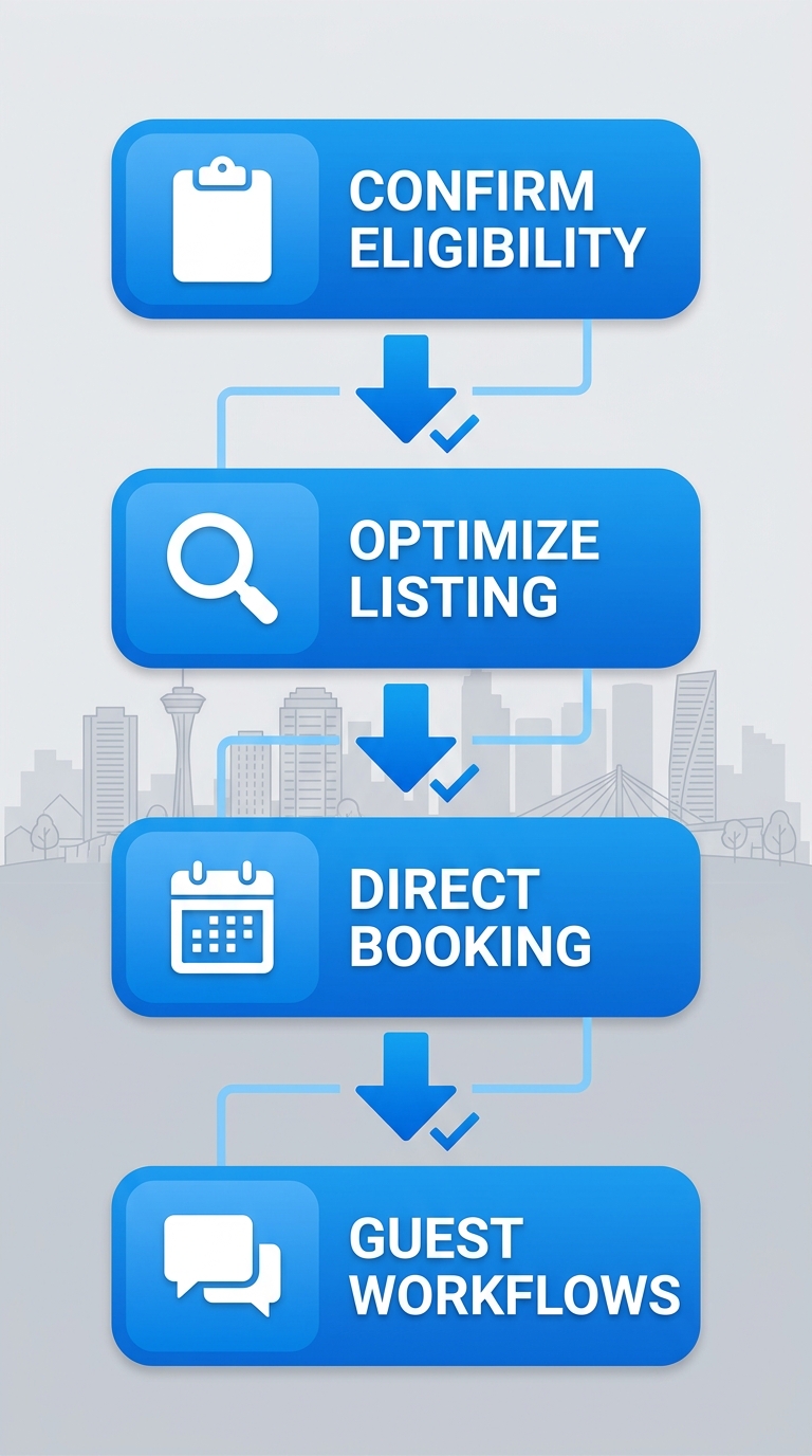 Vertical process flow illustrating four steps to launch compliant short-term rental consulting in Vancouver: confirm eligibility, optimize listing, set direct booking, implement guest workflows.