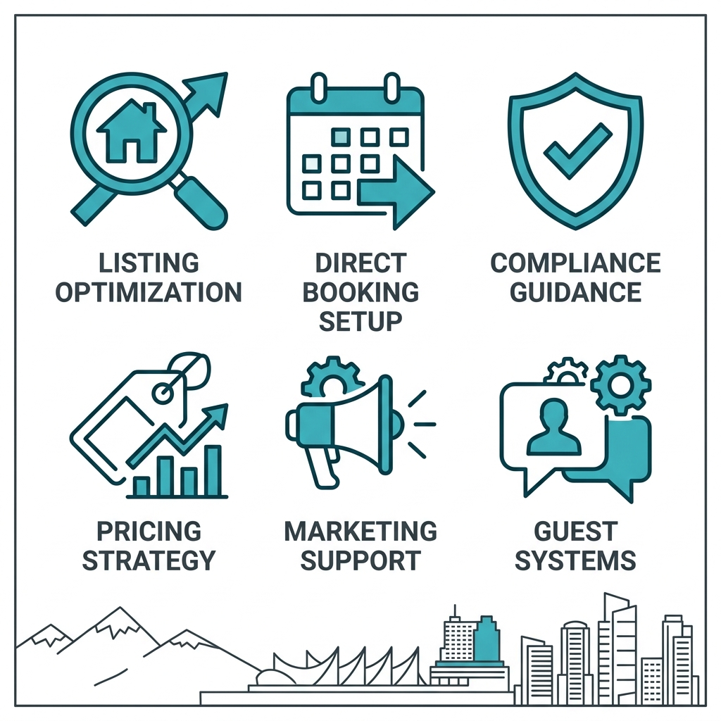 Grid of 6 icons for Vancouver short-term rental consulting services: listing optimization, direct booking, compliance, pricing, marketing, guest systems