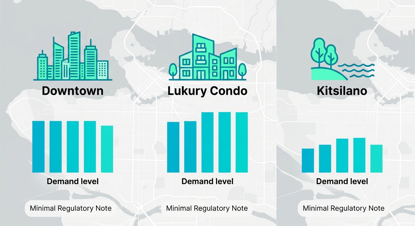Infographic comparing Vancouver neighborhoods for short-term rental demand and regulations: Downtown, Yaletown, Kitsilano