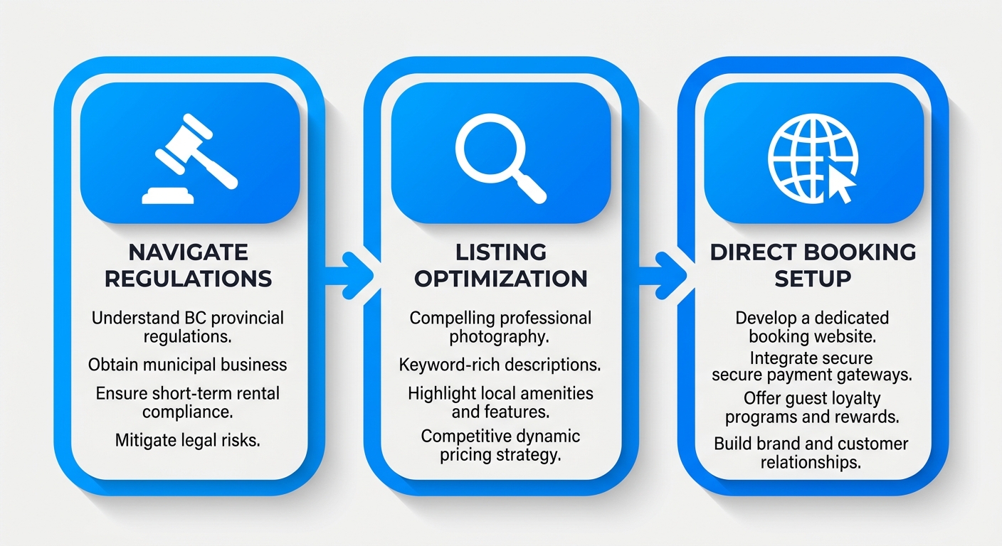 Horizontal process flow diagram outlining three strategic steps for Vancouver short-term rental success