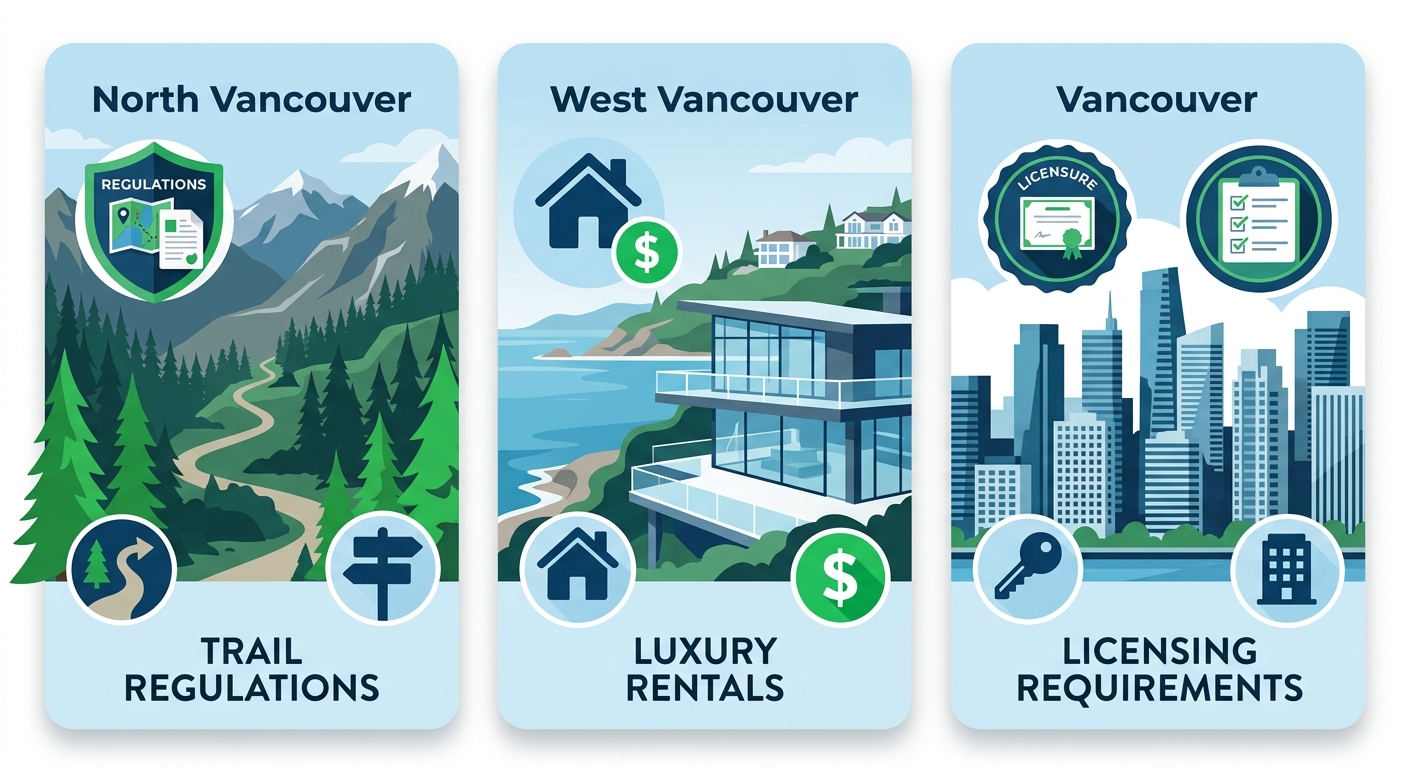 Infographic comparing short-term rental markets in North Vancouver, West Vancouver, and Vancouver with representative icons
