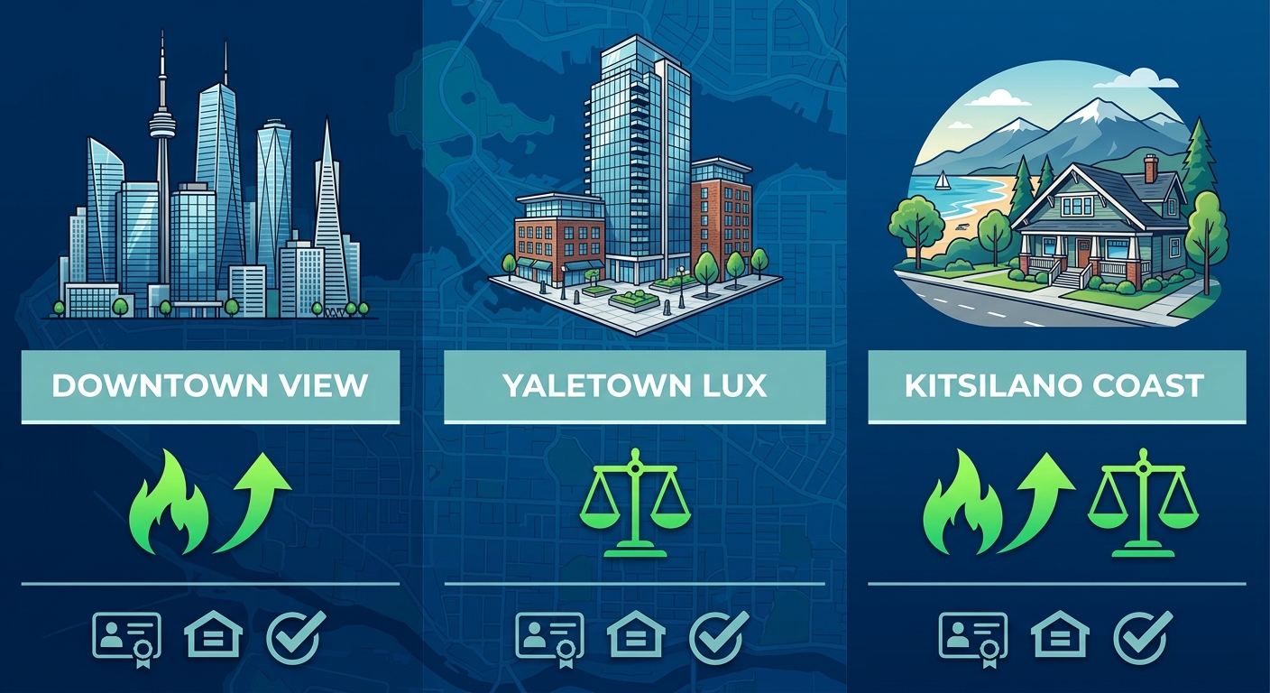 Infographic comparing Vancouver neighborhoods Downtown, Yaletown, Kitsilano for short-term rental demand and regulations with icons.