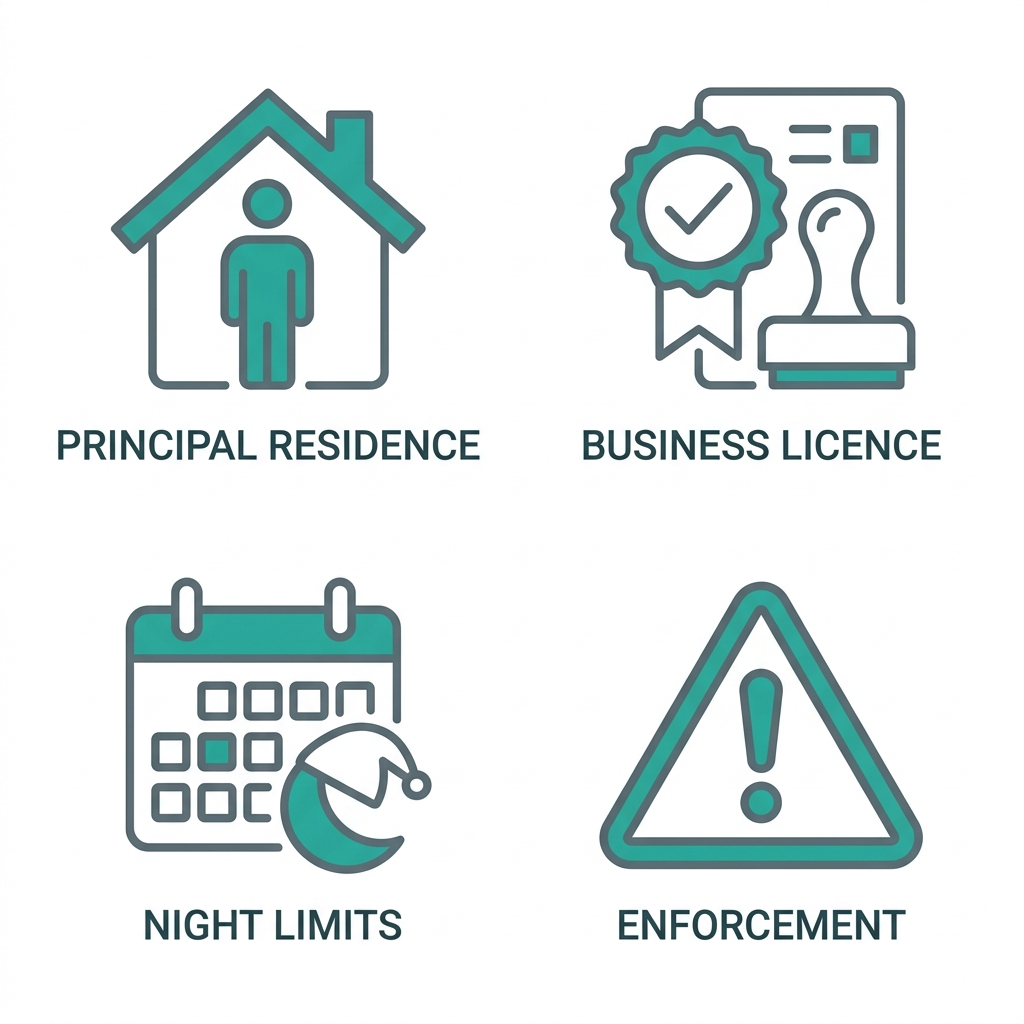 2x2 grid of outline icons for Vancouver STR regulations: principal residence house-person, business licence stamp, platform night limits calendar, enforcement warning sign with short labels