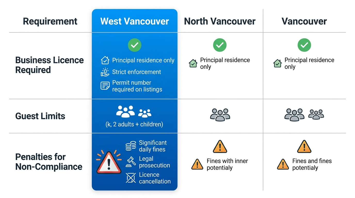 Infographic comparing short-term rental regulations: business license requirements, guest limits, and penalties across West Vancouver, North Vancouver, and Vancouver.