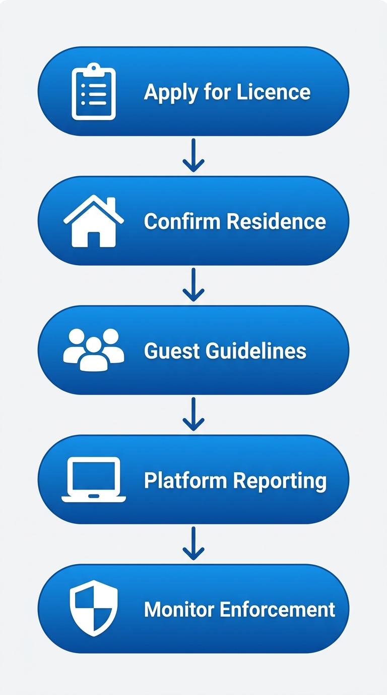 Vertical process flow diagram outlining key compliance steps for short-term rentals in West Vancouver