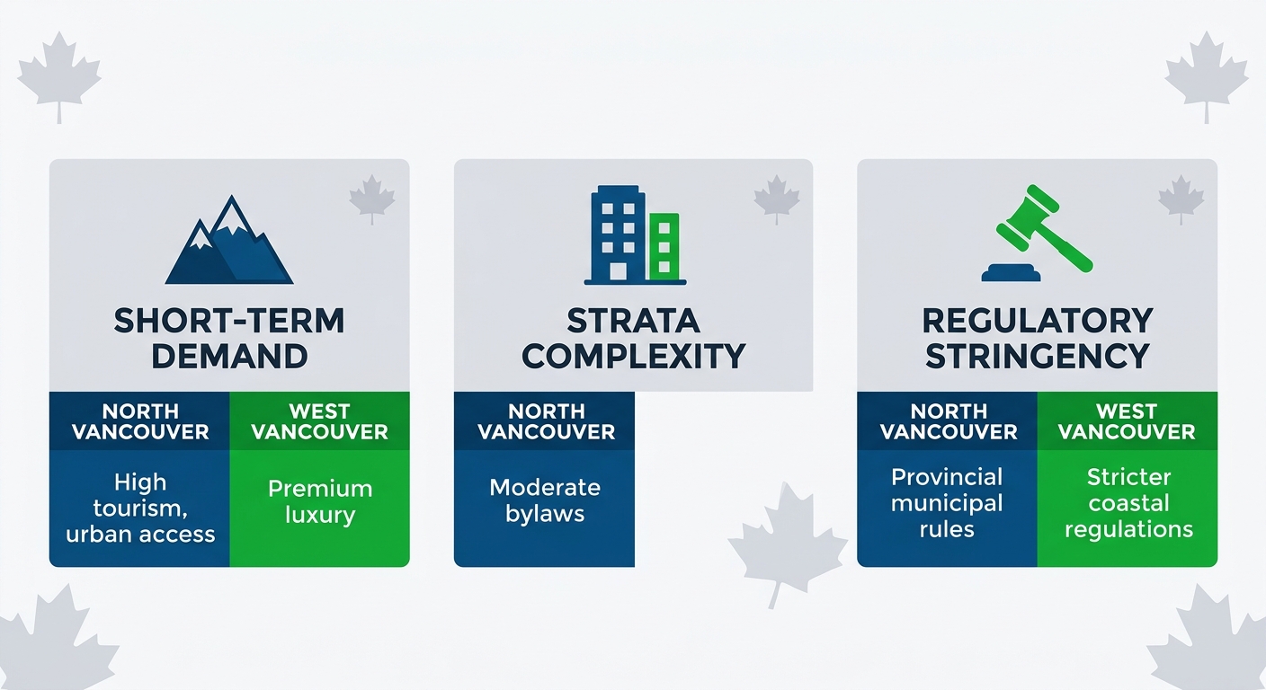 Infographic comparing short-term rental demand, strata complexity, and regulations between North Vancouver and West Vancouver